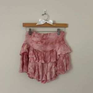 Mustard Seed Pink Tye Dye Ruffle Layered Cinched Mini Skirt